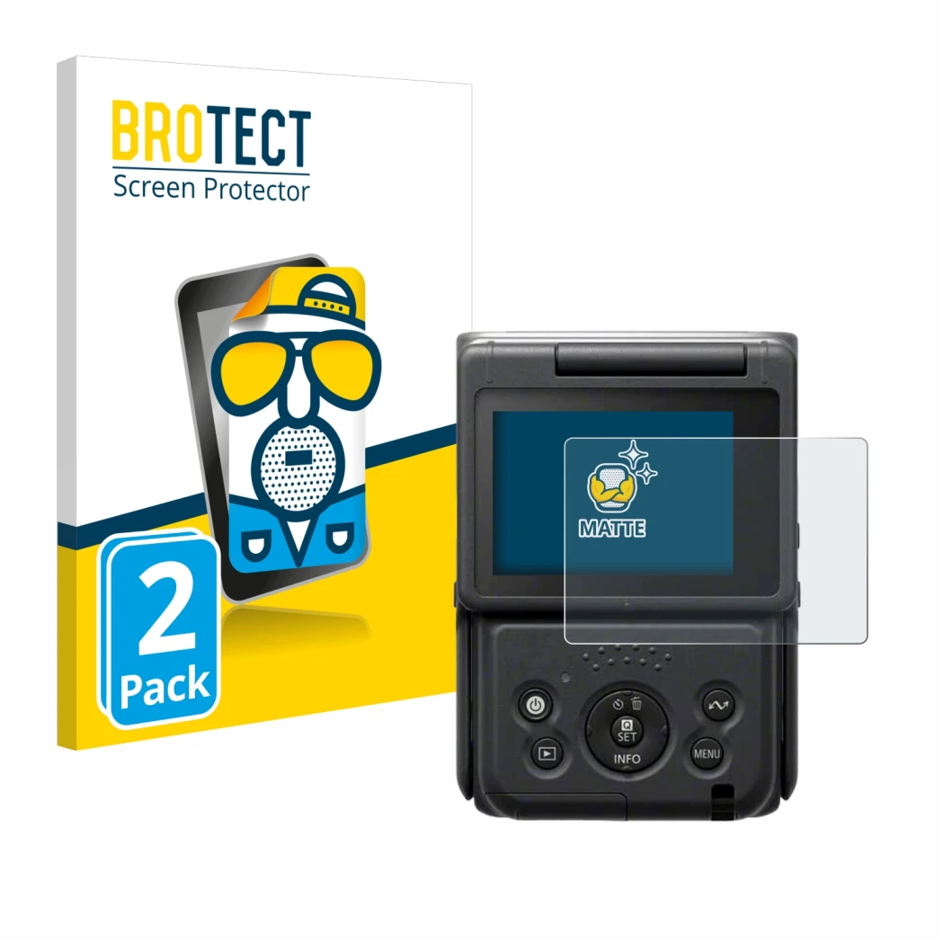 Front side of a product packaging with the brand logo BROTECT. Next to it is the device Canon PowerShot V10 Vlog Camera shown 