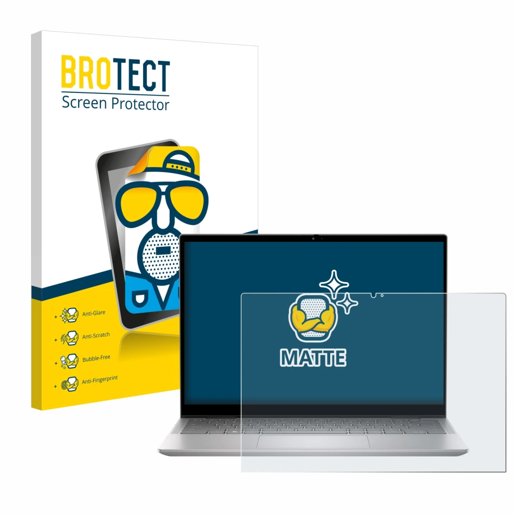 Front side of a product packaging with the brand logo BROTECT. Next to it is the device Dell Inspiron 14 7430 2-in-1 shown wit