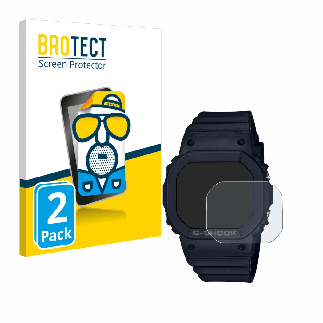 Front side of a product packaging with the brand logo BROTECT. Next to it is the device Casio G-Shock GMD-S5600 shown with the