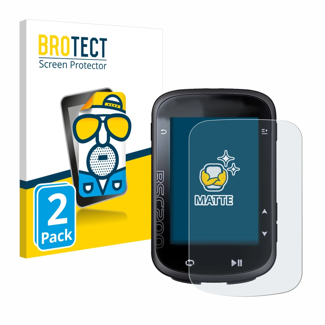 Front side of a product packaging with the brand logo BROTECT. Next to it is the device igpsport BSC200 shown with the corresp