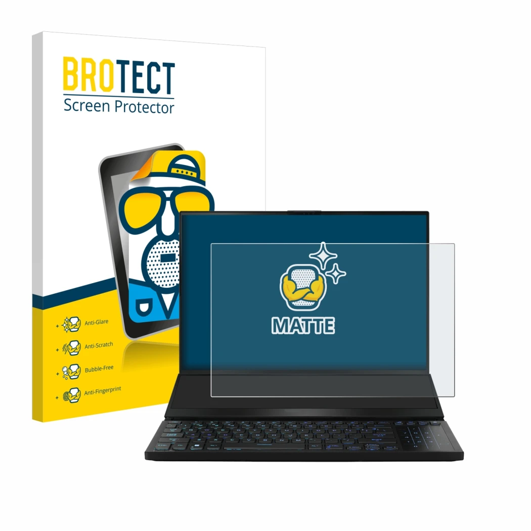 Front side of a product packaging with the brand logo BROTECT. Next to it is the device ASUS ROG Zephyrus Duo 16 2023 shown wi