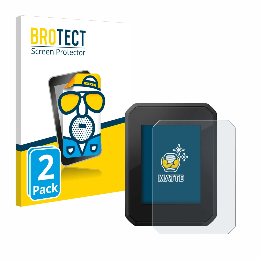 Front side of a product packaging with the brand logo BROTECT. Next to it is the device FIT Display Compact shown with the cor