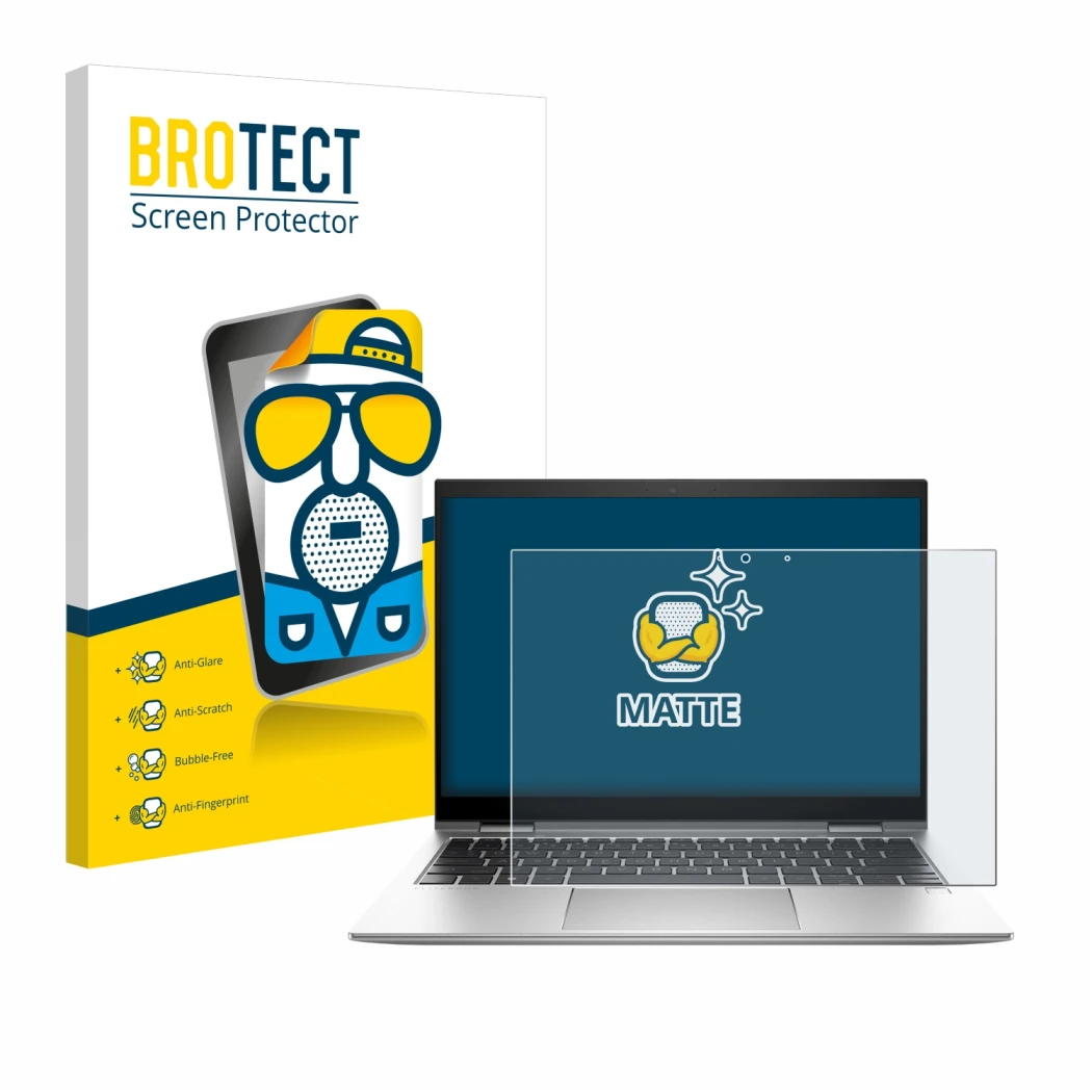 Front side of a product packaging with the brand logo BROTECT. Next to it is the device HP EliteBook x360 830 G10 shown with t