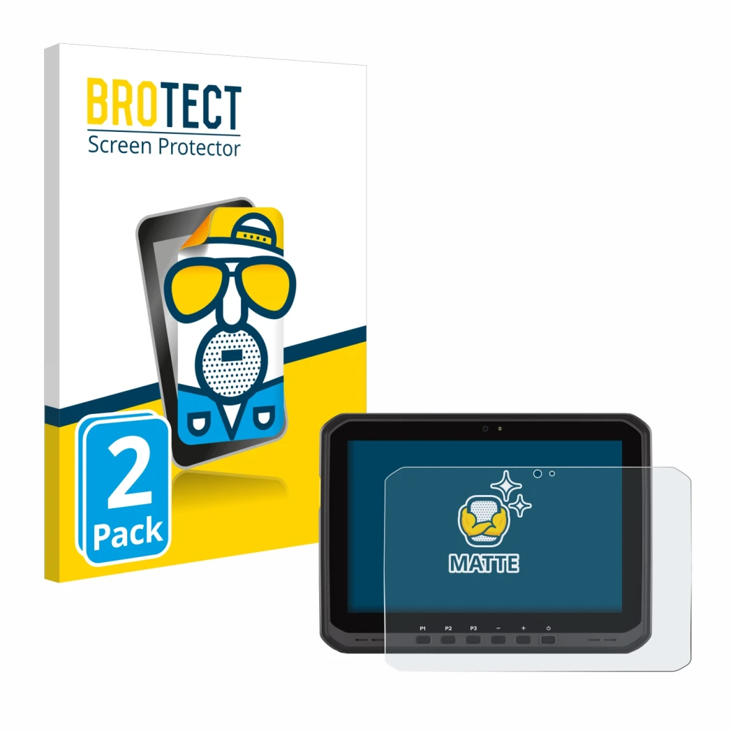 Front side of a product packaging with the brand logo BROTECT. Next to it is the device Zebra ET60 shown with the correspondin