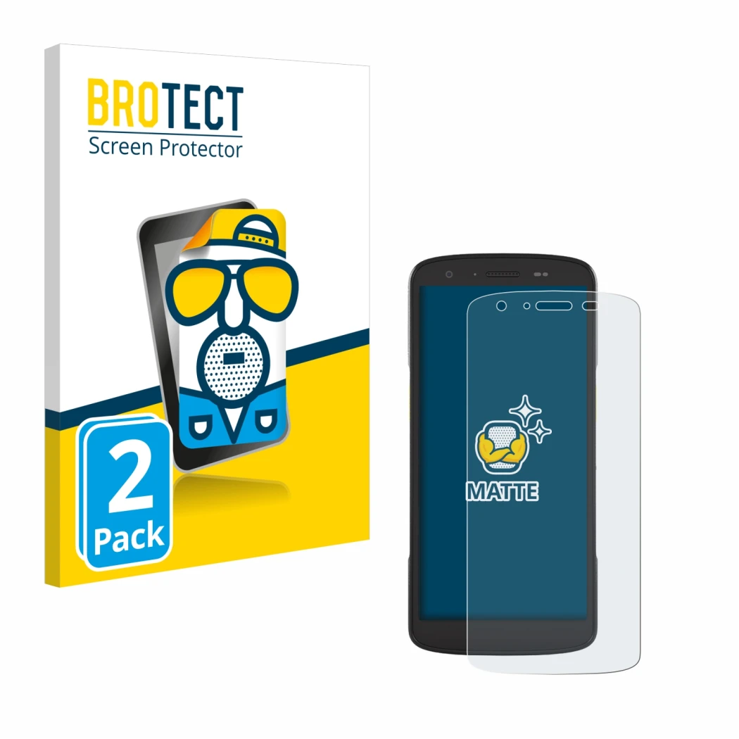 Front side of a product packaging with the brand logo BROTECT. Next to it is the device Zebra TC22 shown with the correspondin