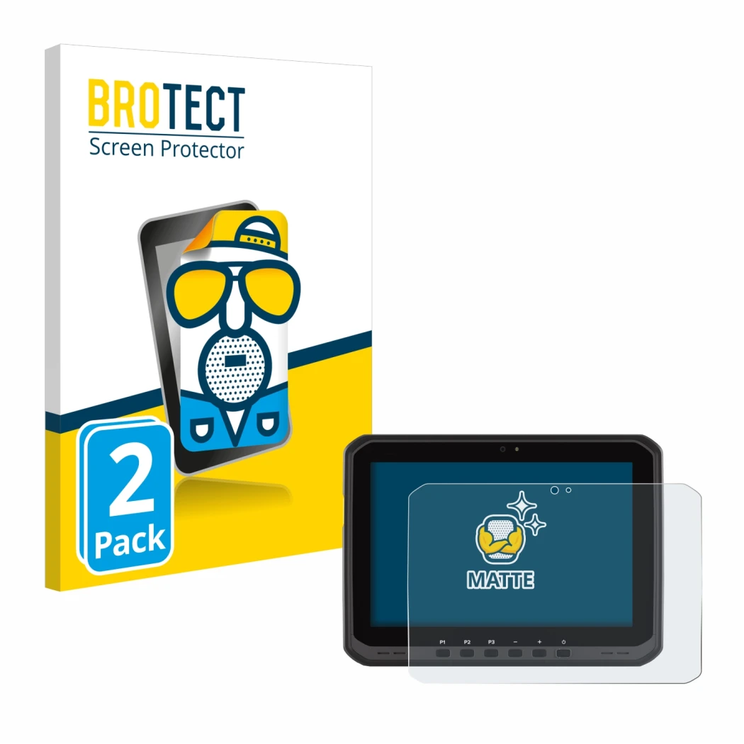Front side of a product packaging with the brand logo BROTECT. Next to it is the device Zebra ET65 shown with the correspondin