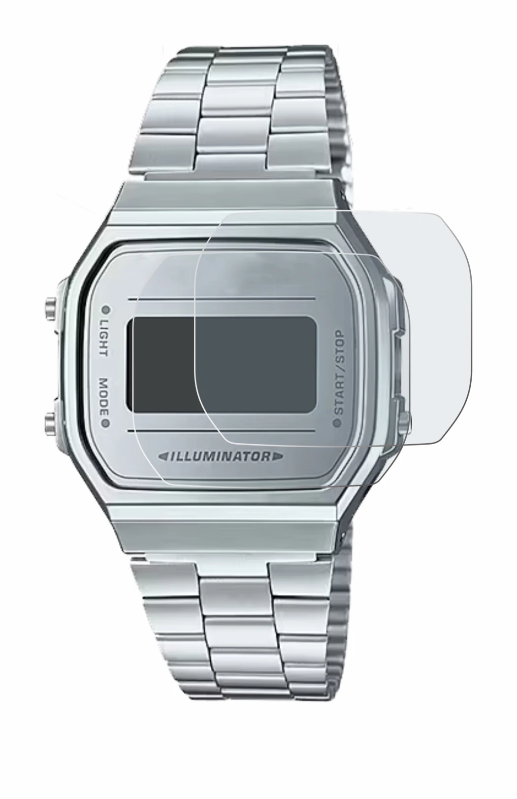 Image of the device Casio A168WEM-7EF with a wide variety of screen protectors.