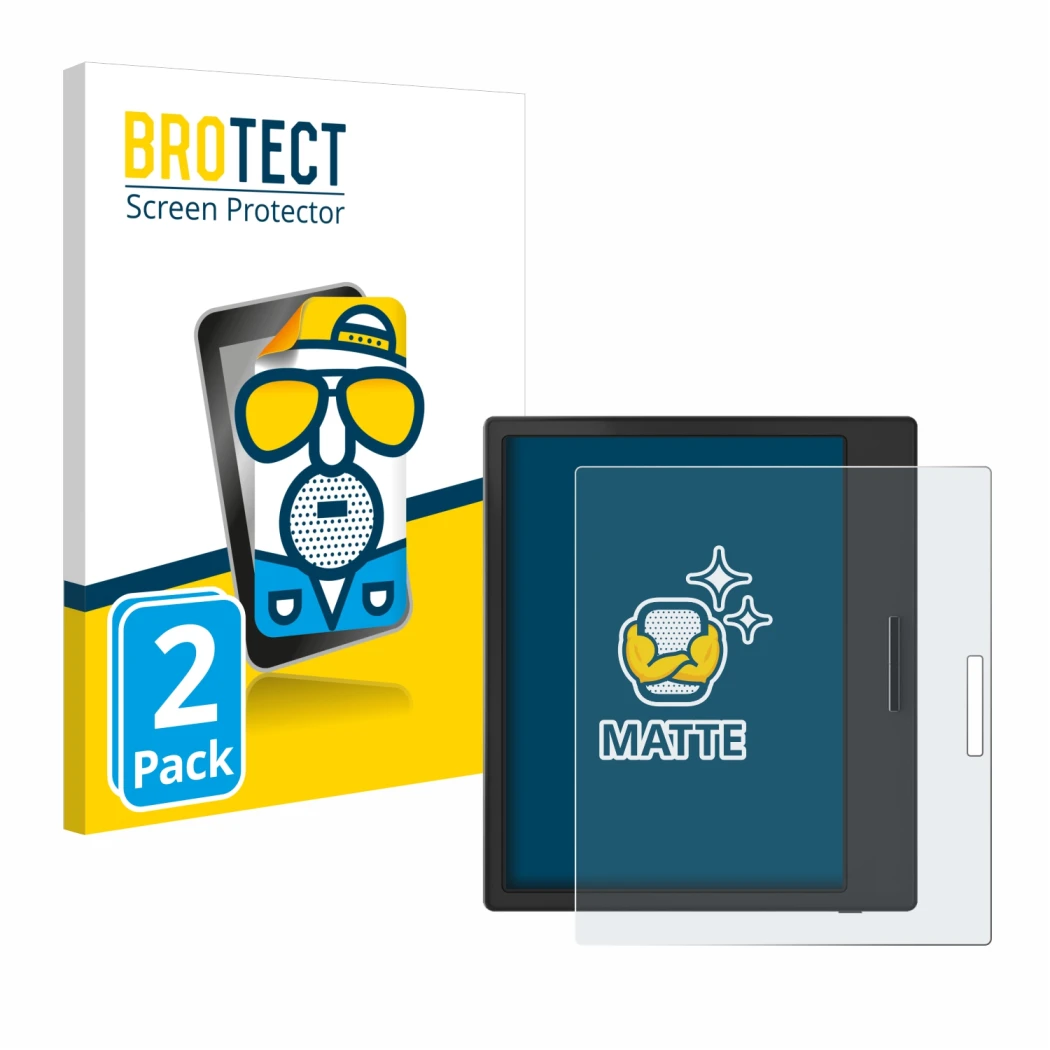 Front side of a product packaging with the brand logo BROTECT. Next to it is the device Boox Page shown with the corresponding