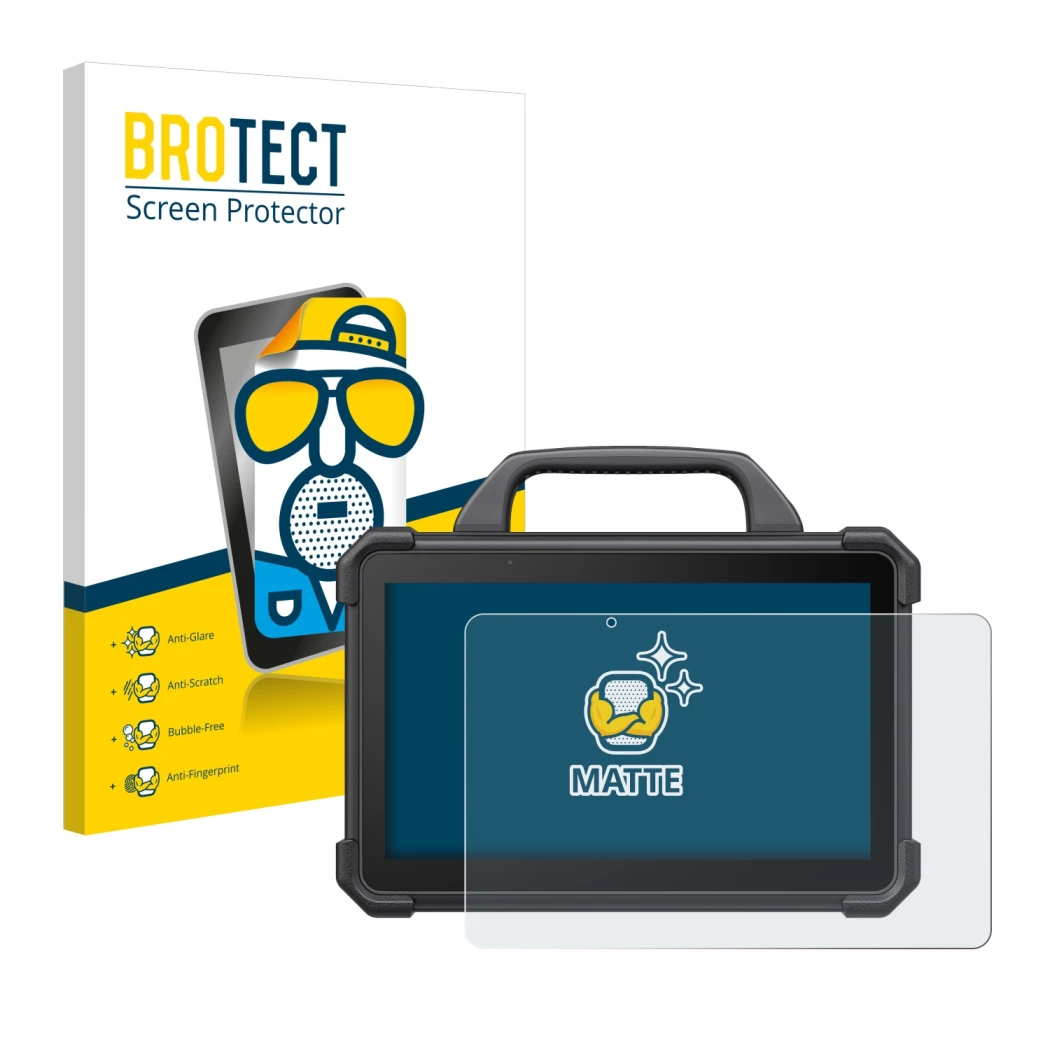 Front side of a product packaging with the brand logo BROTECT. Next to it is the device Launch X-431 Tab VII (Tab 7) Elite sho