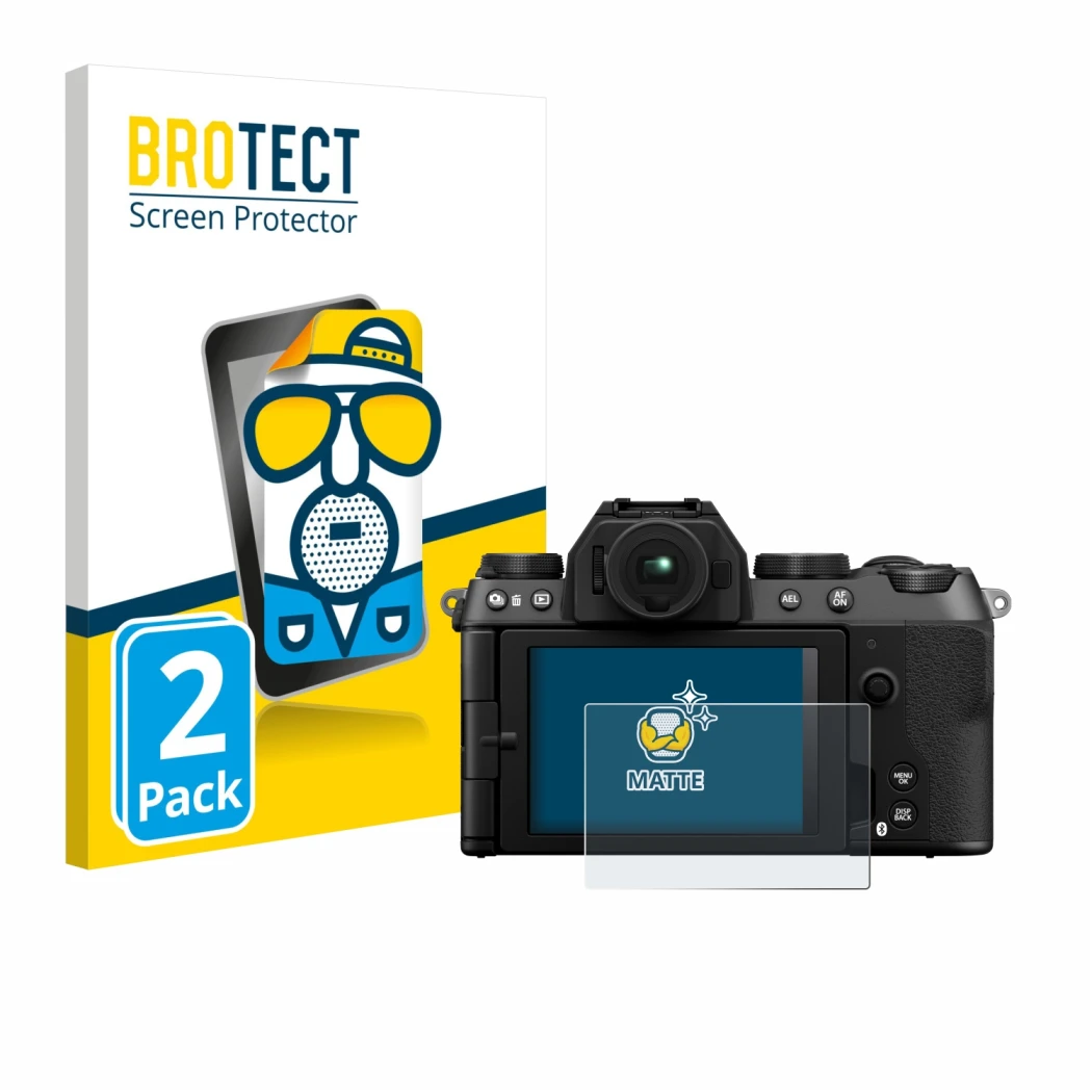 Front side of a product packaging with the brand logo BROTECT. Next to it is the device Fujifilm X-S20 shown with the correspo