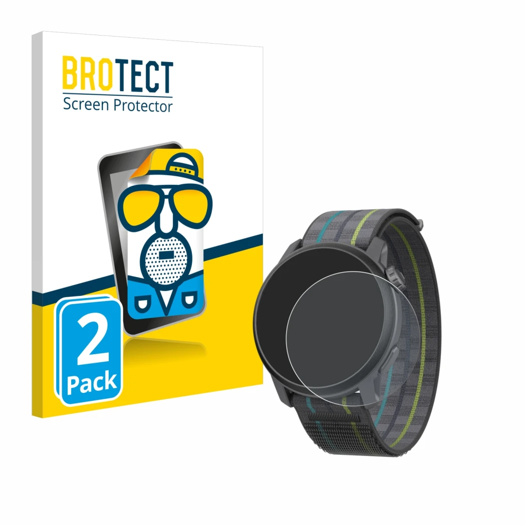 Front side of a product packaging with the brand logo BROTECT. Next to it is the device Coros Pace 3 shown with the correspond