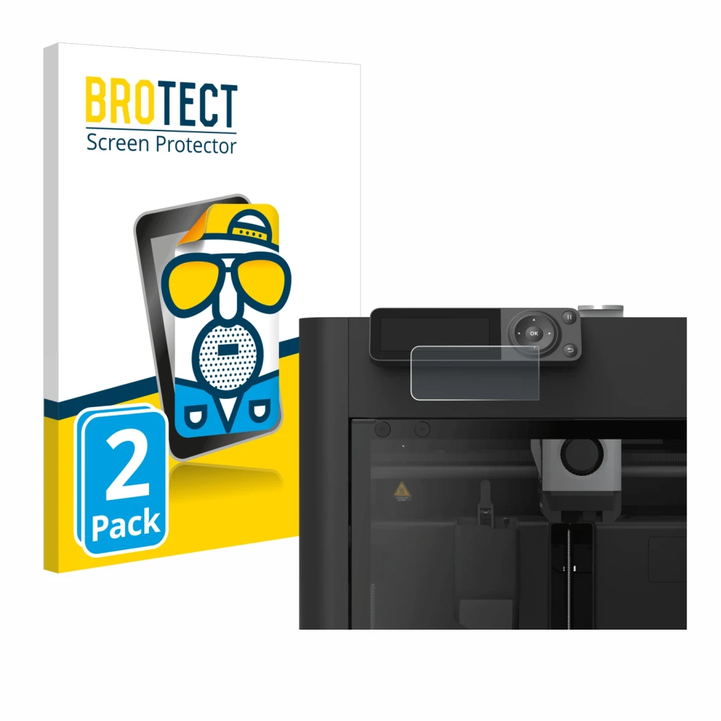 Front side of a product packaging with the brand logo BROTECT. Next to it is the device Bambu Lab P1S 3D Printer shown with th