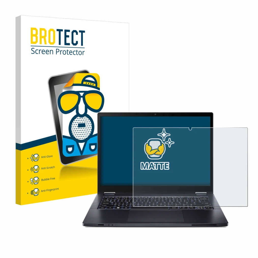 Front side of a product packaging with the brand logo BROTECT. Next to it is the device Acer TravelMate Spin P4 14