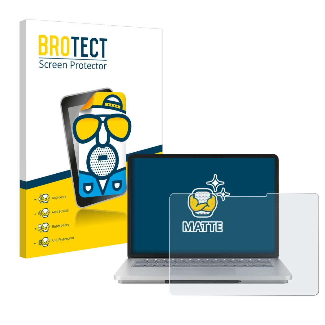 Front side of a product packaging with the brand logo BROTECT. Next to it is the device Microsoft Surface Laptop Studio 2 show