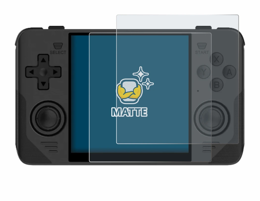 Image of the device Powkiddy RGB30 with a wide variety of screen protectors.