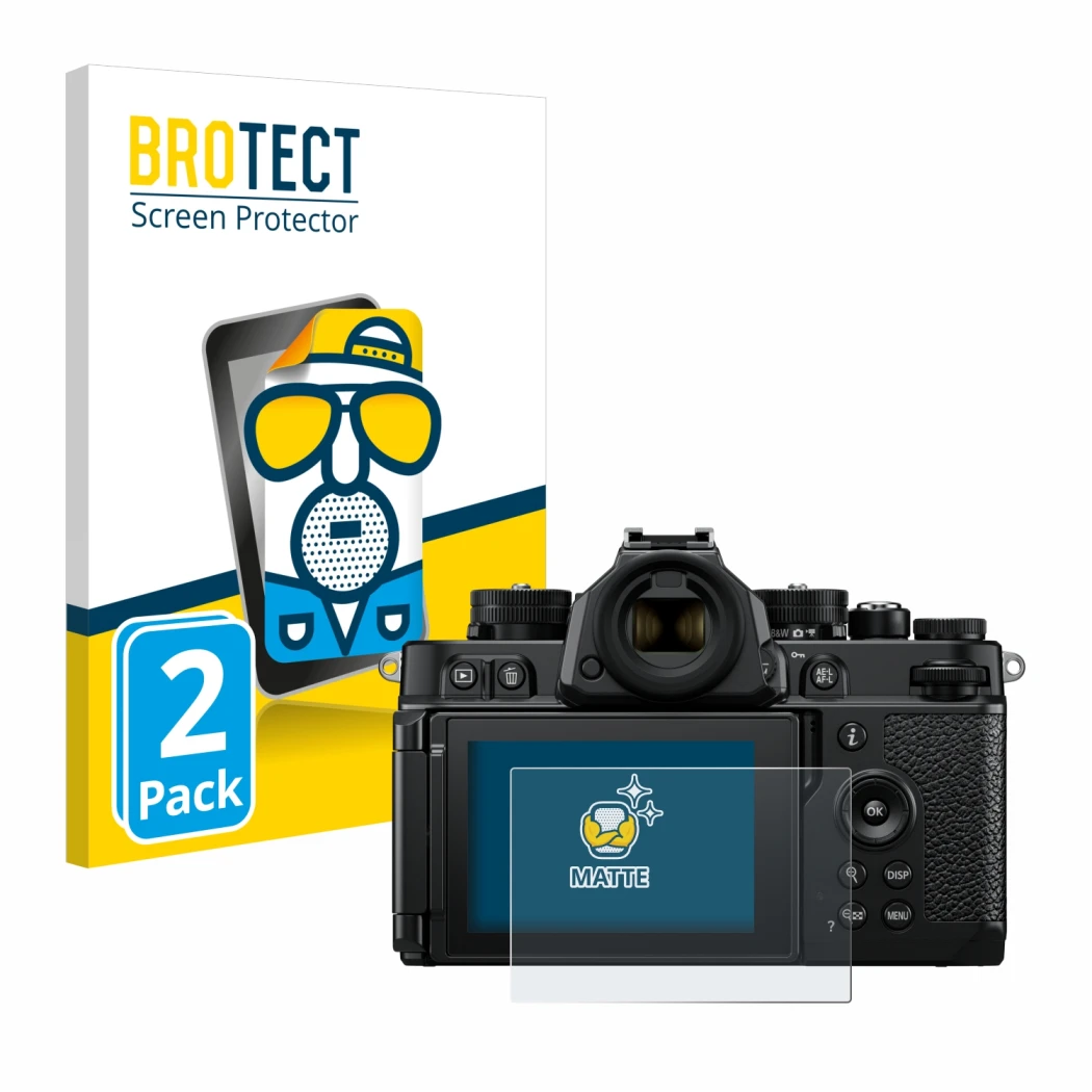 Front side of a product packaging with the brand logo BROTECT. Next to it is the device Nikon Z F shown with the corresponding