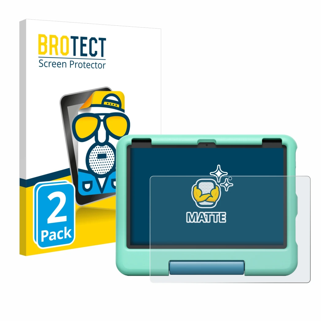 Front side of a product packaging with the brand logo BROTECT. Next to it is the device Amazon Fire HD 10 Kids 2023 shown with
