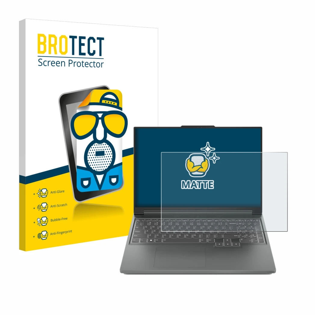 Front side of a product packaging with the brand logo BROTECT. Next to it is the device Lenovo Legion Slim 5 14 shown with the