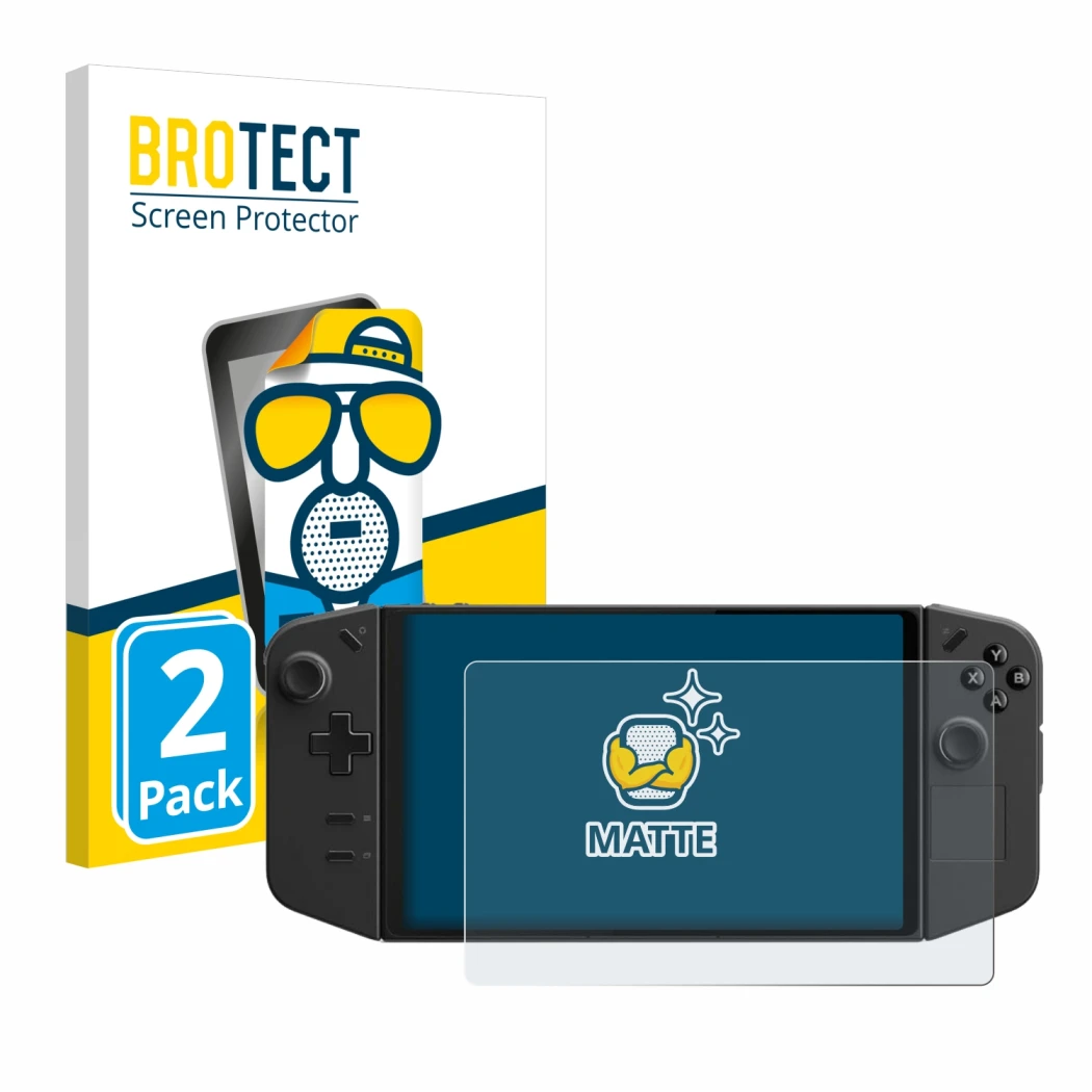 Front side of a product packaging with the brand logo BROTECT. Next to it is the device Lenovo Legion Go shown with the corres