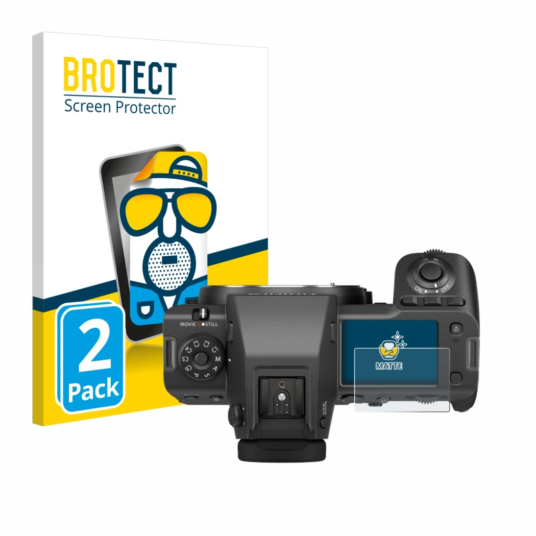 Front side of a product packaging with the brand logo BROTECT. Next to it is the device Fujifilm GFX100 II (top plate display)