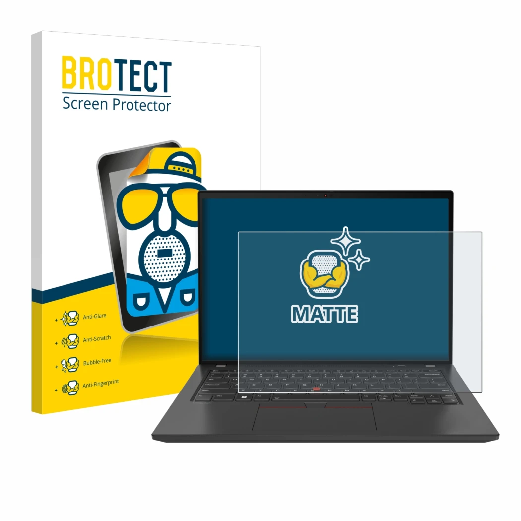 Front side of a product packaging with the brand logo BROTECT. Next to it is the device Lenovo ThinkPad T16 Gen 3 shown with t