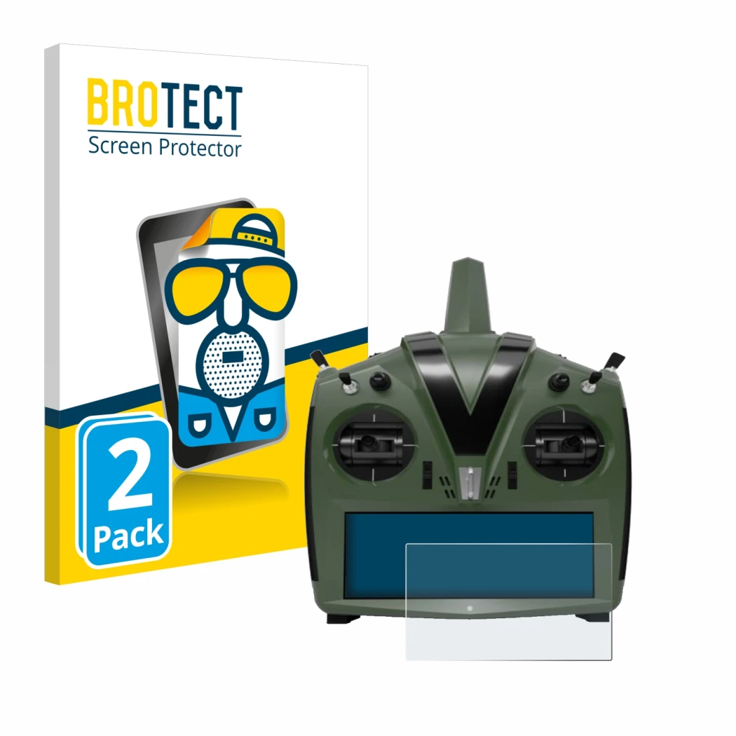 Front side of a product packaging with the brand logo BROTECT. Next to it is the device VBar Control Evo shown with the corres