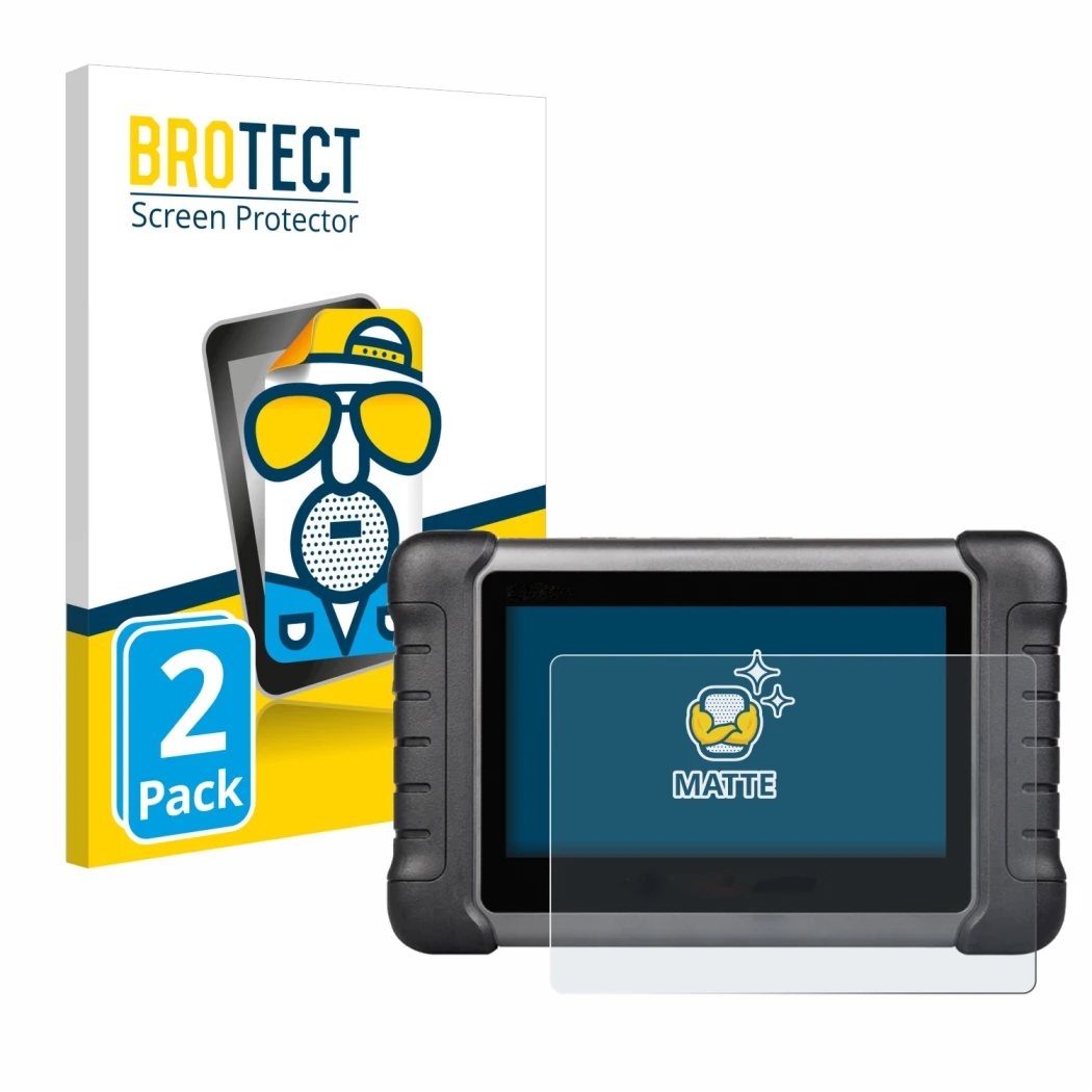 Front side of a product packaging with the brand logo BROTECT. Next to it is the device Autel MaxiCheck MX808s shown with the 