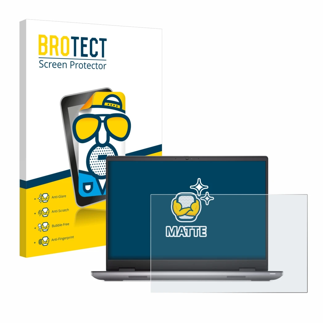 Front side of a product packaging with the brand logo BROTECT. Next to it is the device Dell Precision 7670 Non-Touch shown wi