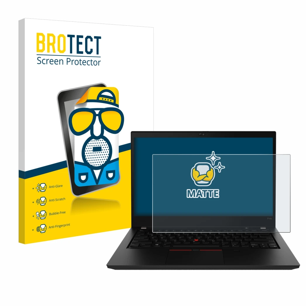 Front side of a product packaging with the brand logo BROTECT. Next to it is the device Lenovo ThinkPad P14s Gen 2 shown with