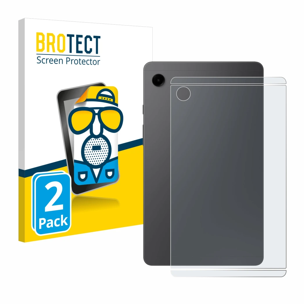 Front side of a product packaging with the brand logo BROTECT. Next to it is the device Samsung Galaxy Tab A9 WiFi (Back) show