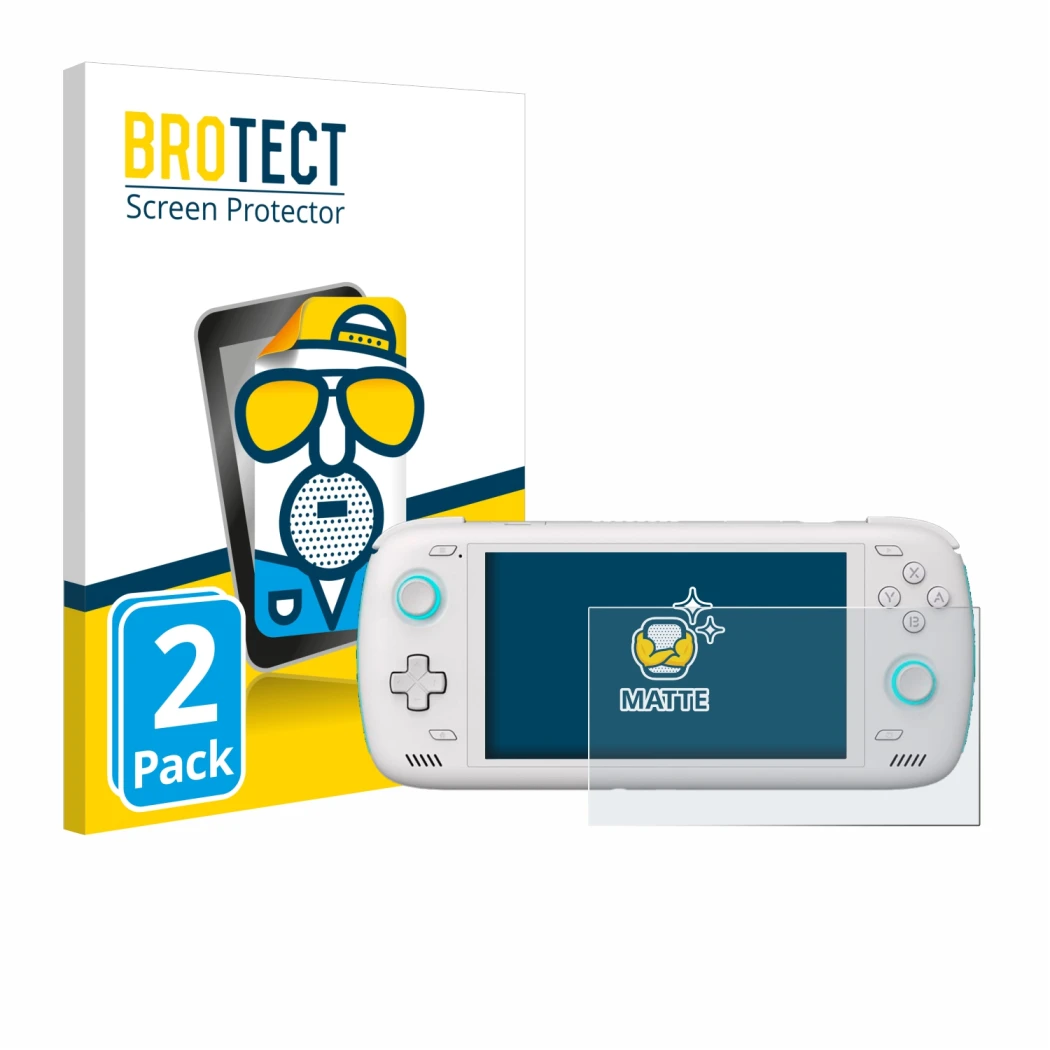 Front side of a product packaging with the brand logo BROTECT. Next to it is the device AYN Odin 2 shown with the correspondin