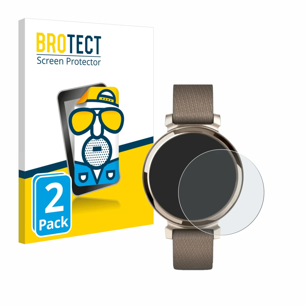 Front side of a product packaging with the brand logo BROTECT. Next to it is the device Garmin Lily 2 shown with the correspon