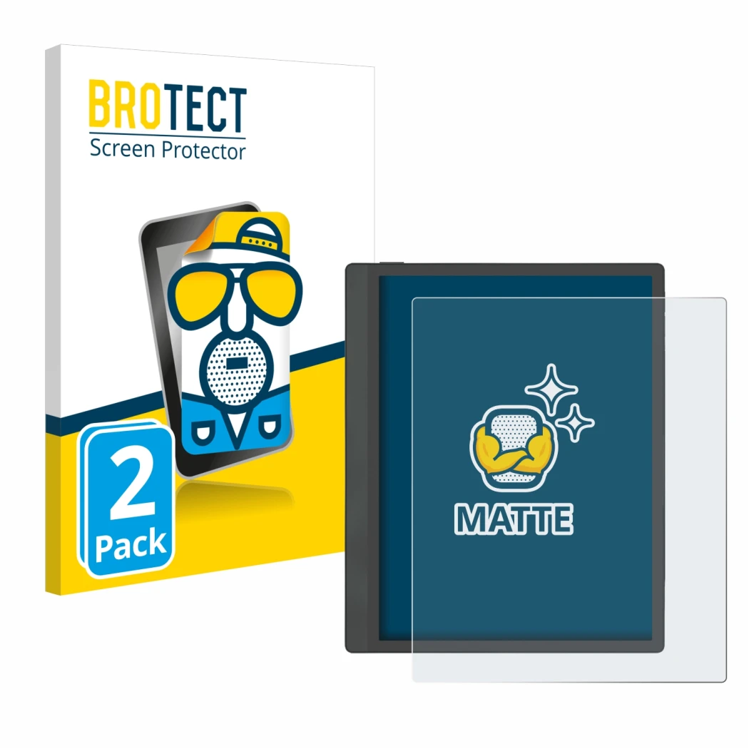 Front side of a product packaging with the brand logo BROTECT. Next to it is the device Boox Tab Ultra C Pro shown with the co