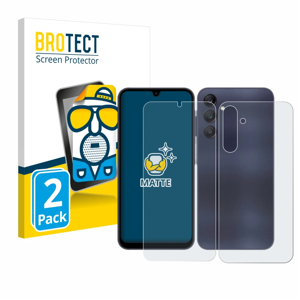 Front side of a product packaging with the brand logo BROTECT. Next to it is the device Samsung Galaxy A25 5G (Front+Back) sho