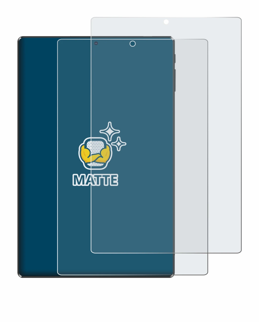 Image of the device Simplori M107 with a wide variety of screen protectors.