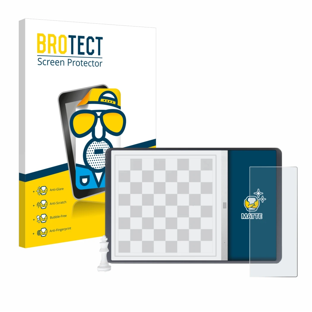 Front side of a product packaging with the brand logo BROTECT. Next to it is the device Chessnut Evo shown with the correspond