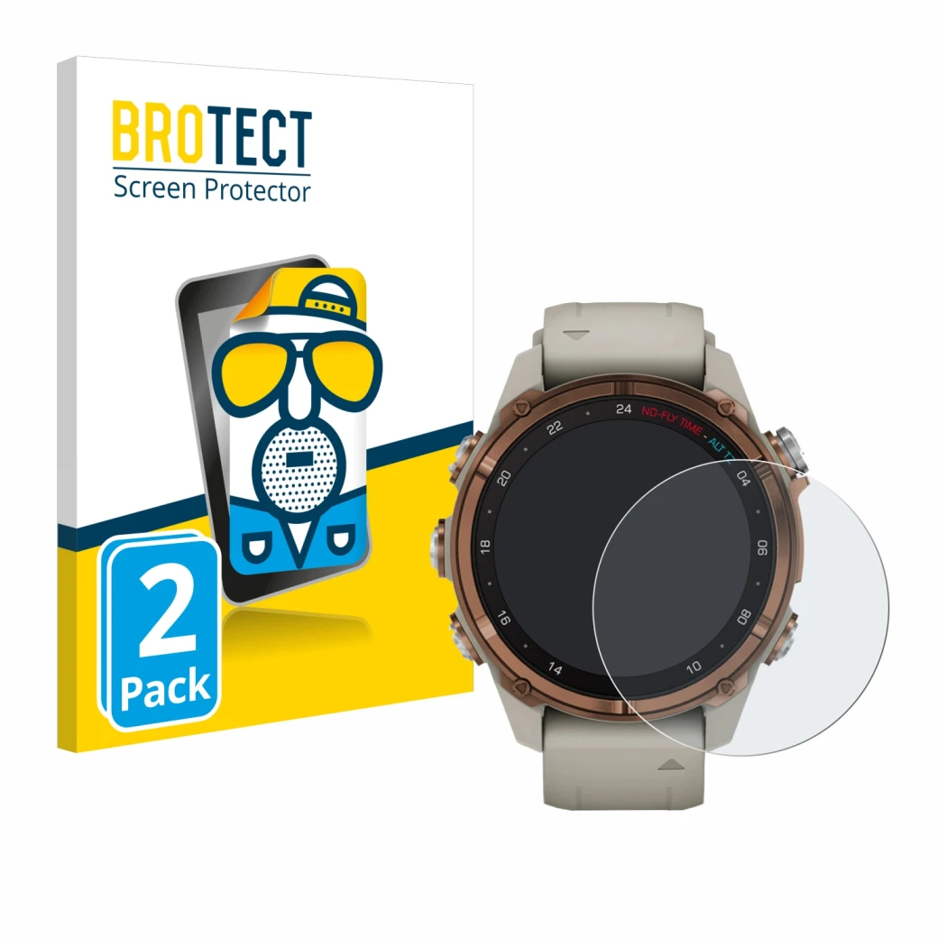 Front side of a product packaging with the brand logo BROTECT. Next to it is the device Garmin Descent Mk3 (43 mm) shown with