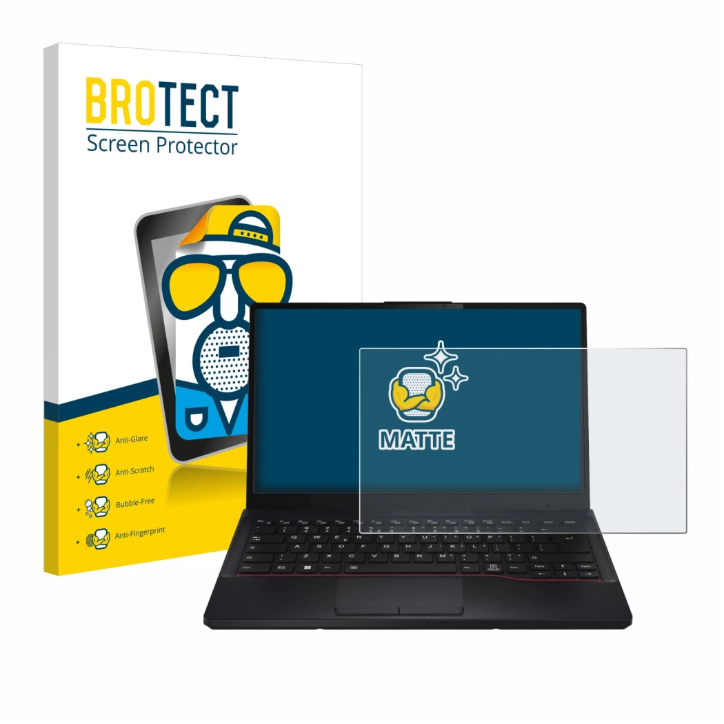 Front side of a product packaging with the brand logo BROTECT. Next to it is the device Fujitsu Lifebook E5412 shown with the
