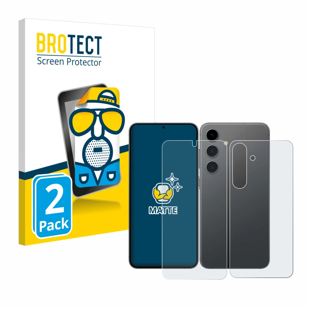 Front side of a product packaging with the brand logo BROTECT. Next to it is the device Samsung Galaxy S24 (Front+Back) shown 