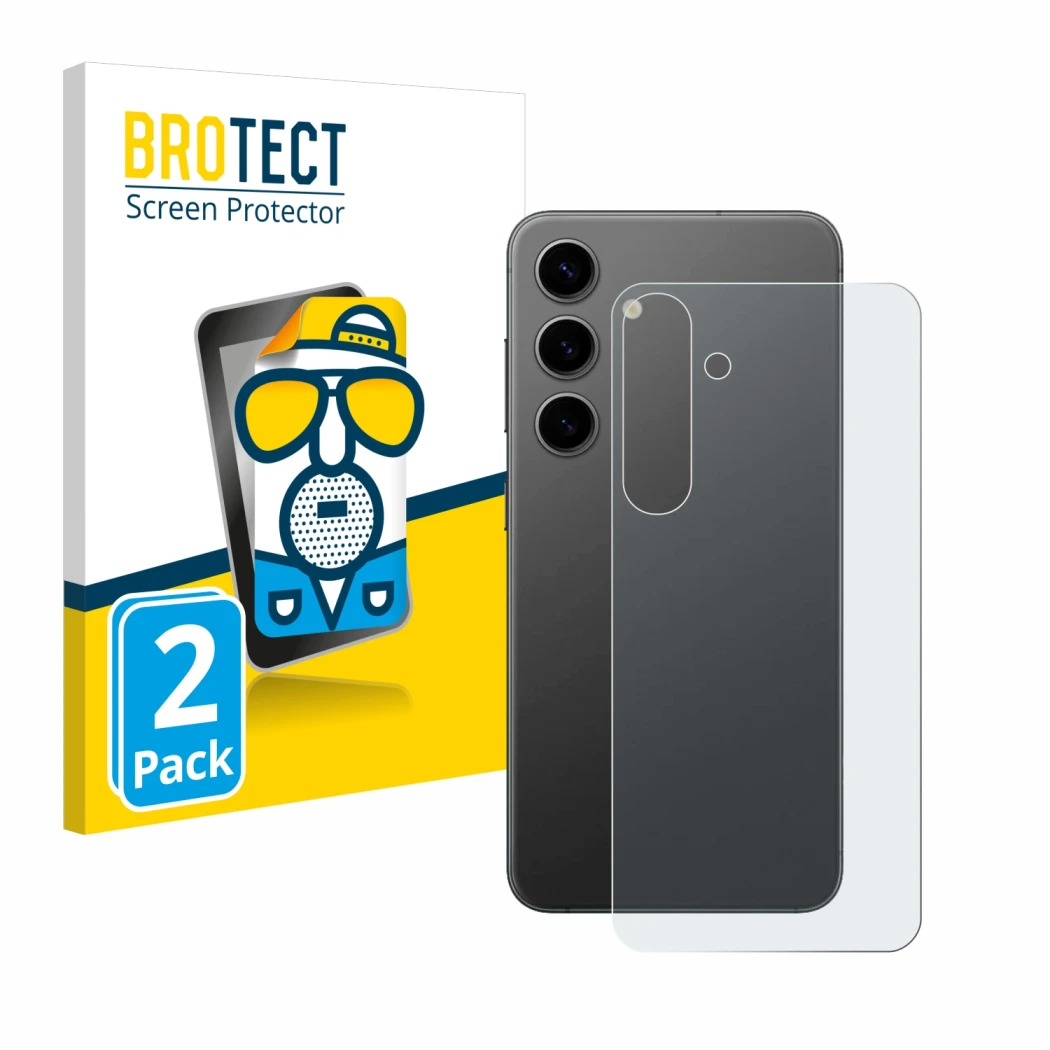 Front side of a product packaging with the brand logo BROTECT. Next to it is the device Samsung Galaxy S24 Plus (Back) shown w