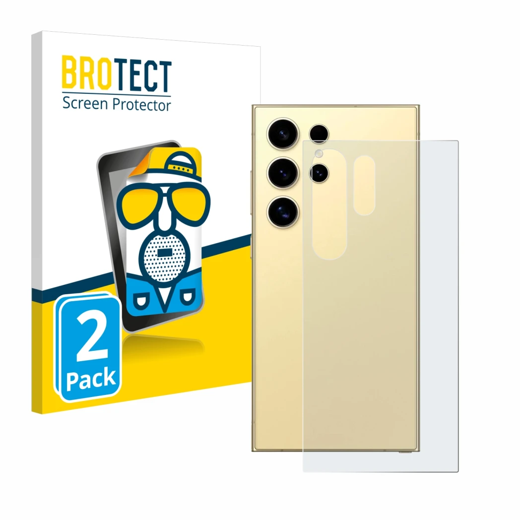 Front side of a product packaging with the brand logo BROTECT. Next to it is the device Samsung Galaxy S24 Ultra (Back) shown 