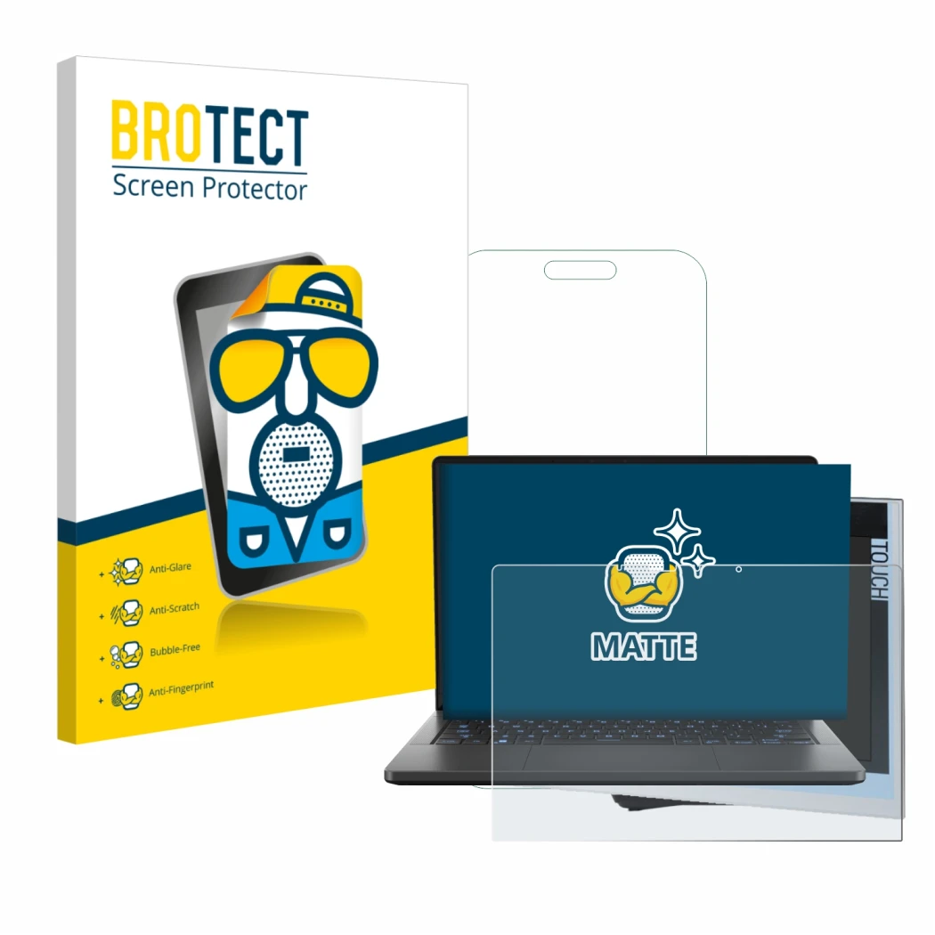 Front side of a product packaging with the brand logo BROTECT. Next to it is the device ASUS ROG Zephyrus G14 2024 GA403 shown