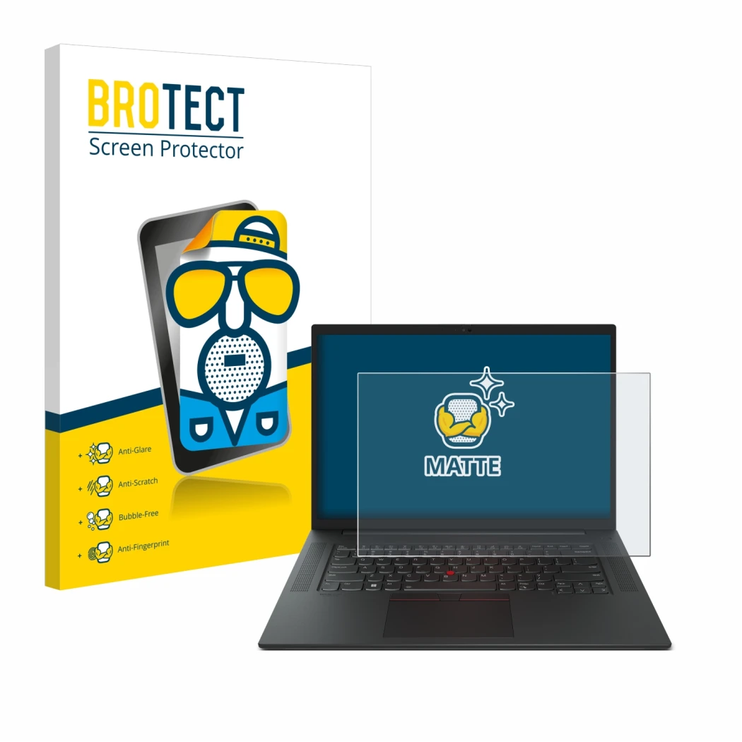 Front side of a product packaging with the brand logo BROTECT. Next to it is the device Lenovo ThinkPad P1 Gen 6 16