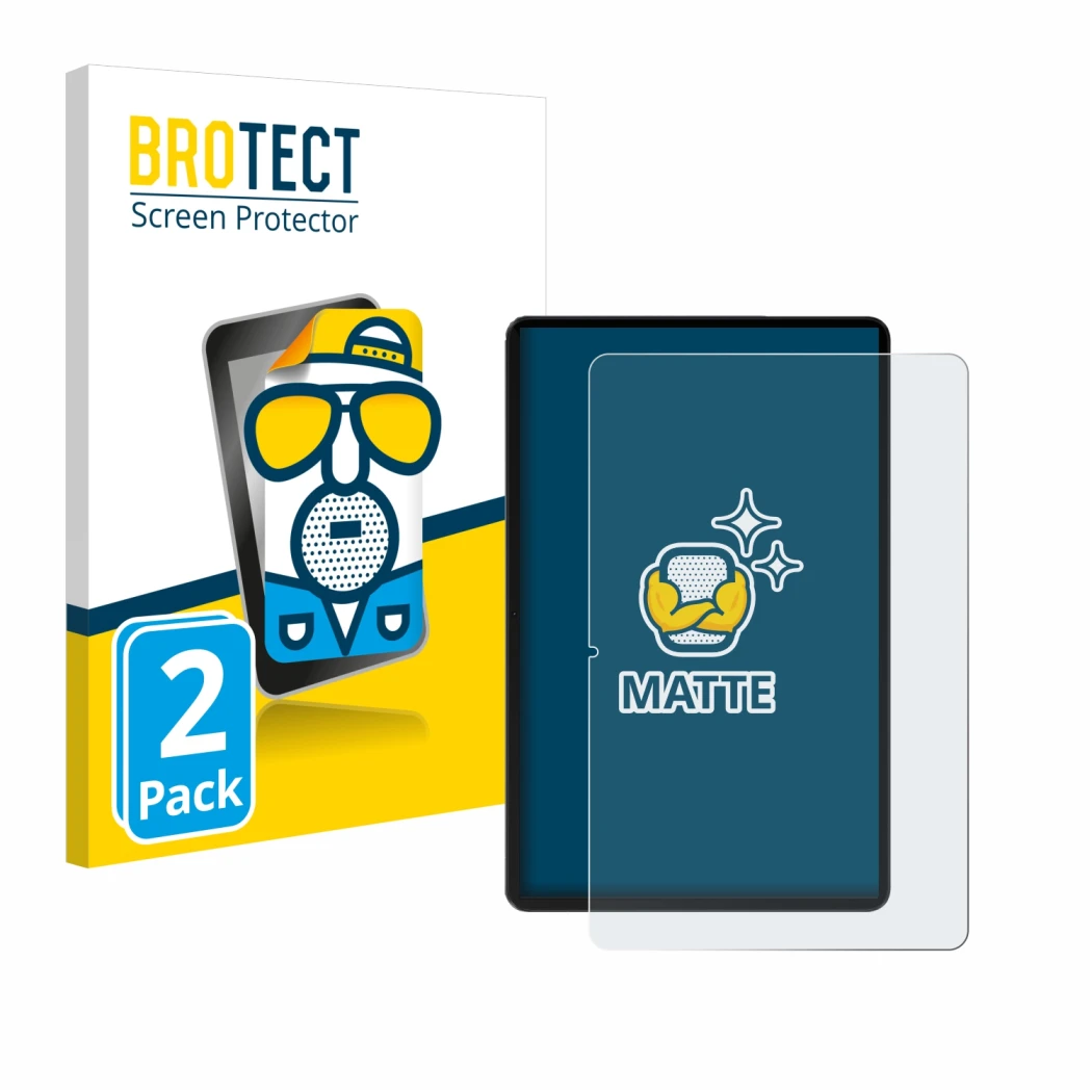 Front side of a product packaging with the brand logo BROTECT. Next to it is the device Honor Pad 9 shown with the correspondi