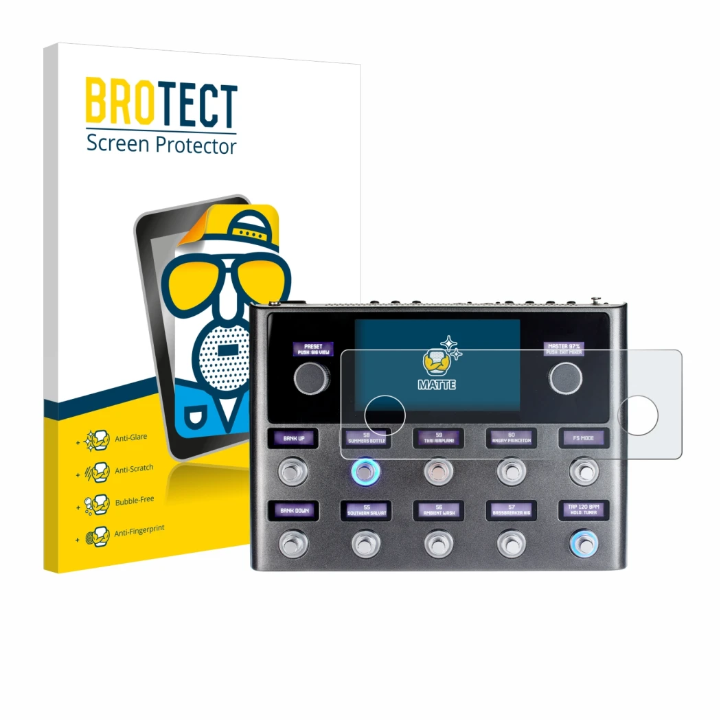 Front side of a product packaging with the brand logo BROTECT. Next to it is the device Fender Tone Master Pro shown with the 