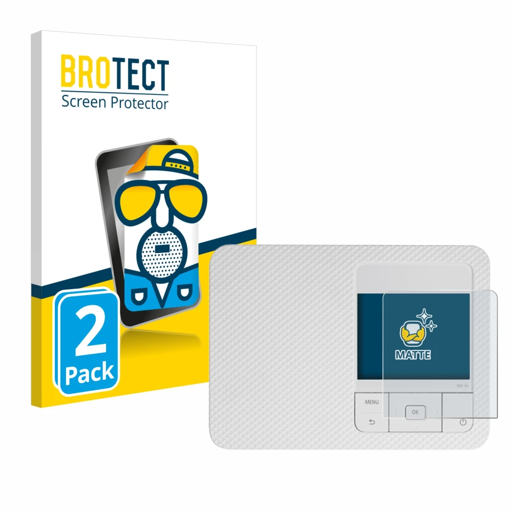 Front side of a product packaging with the brand logo BROTECT. Next to it is the device Canon Selphy CP1500 shown with the cor