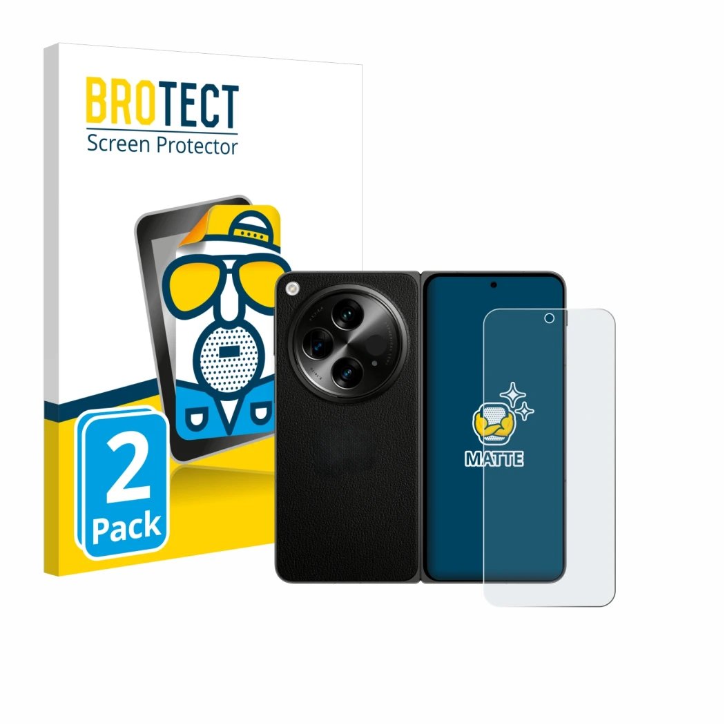 Front side of a product packaging with the brand logo BROTECT. Next to it is the device OnePlus Open (case-friendly) shown wit