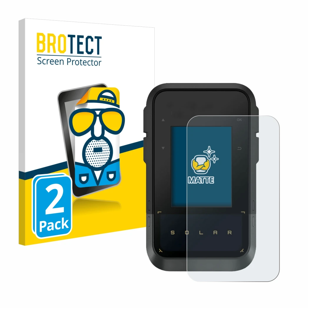Front side of a product packaging with the brand logo BROTECT. Next to it is the device Garmin eTrex Solar shown with the corr