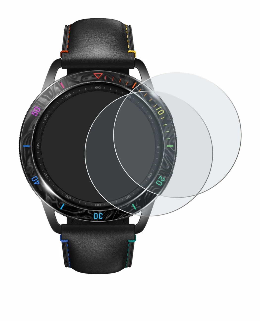 Image of the device Xiaomi Watch S3 with a wide variety of screen protectors.