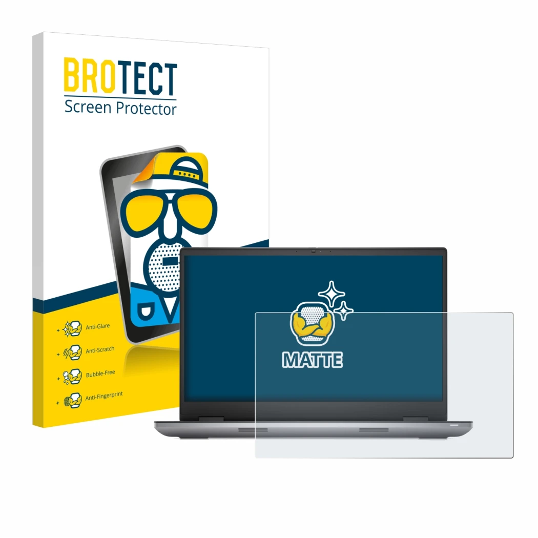 Front side of a product packaging with the brand logo BROTECT. Next to it is the device Dell Precision 7780 shown with the cor